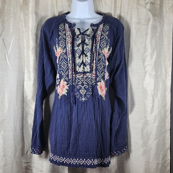 Johnny Was blue embroidered floral tunic blouse top Womens Medium - Picture 8 of 9